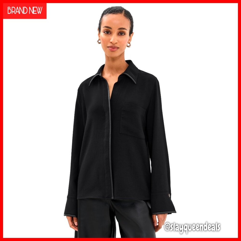 Long Sleeve Blouse With Faux Leather Trim, Collared, Button Cuffs